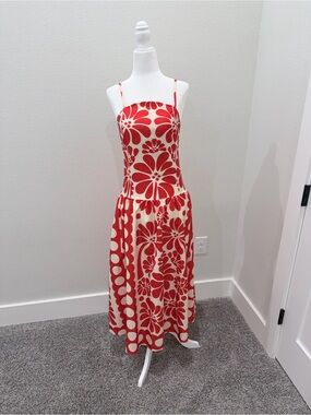 Red Floral Spaghetti-Strap Midi Dress